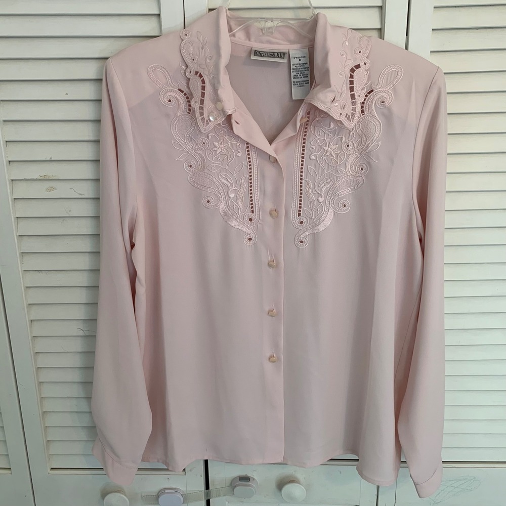 Vintage Christie & Jill Pink Embroidered Eyelet Blouse Top Shoulder Pads Women 8